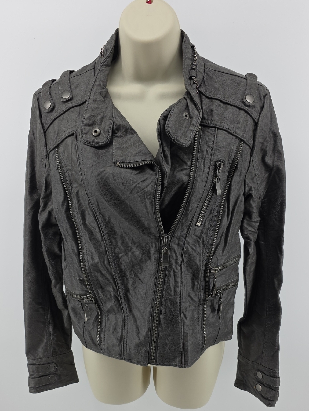 BKE Dark Gray Faux Leather Moto Jacket with Zip Details